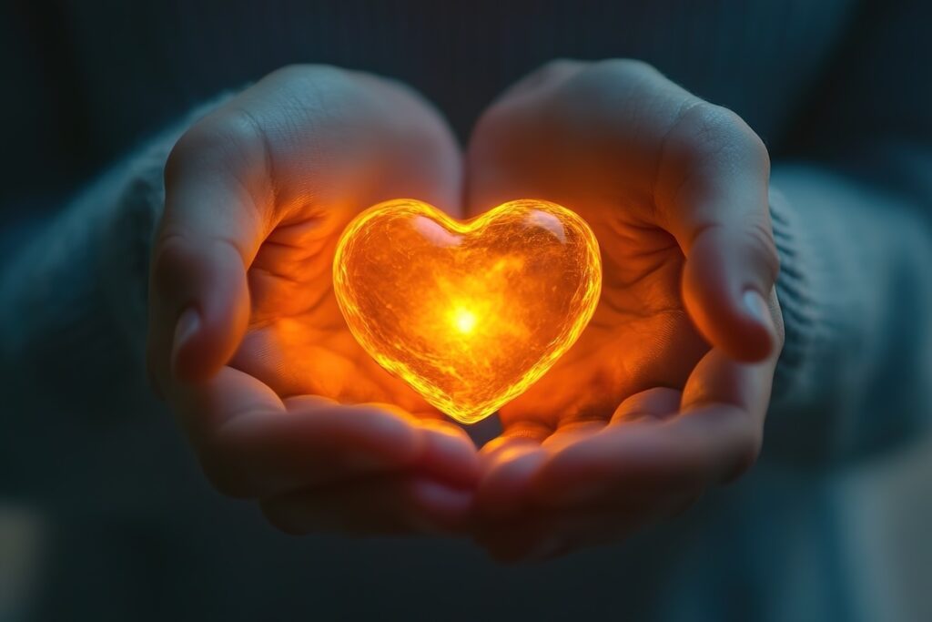 Hände halten ein leuchtendes Herz, Symbol für Liebe und Fürsorge.