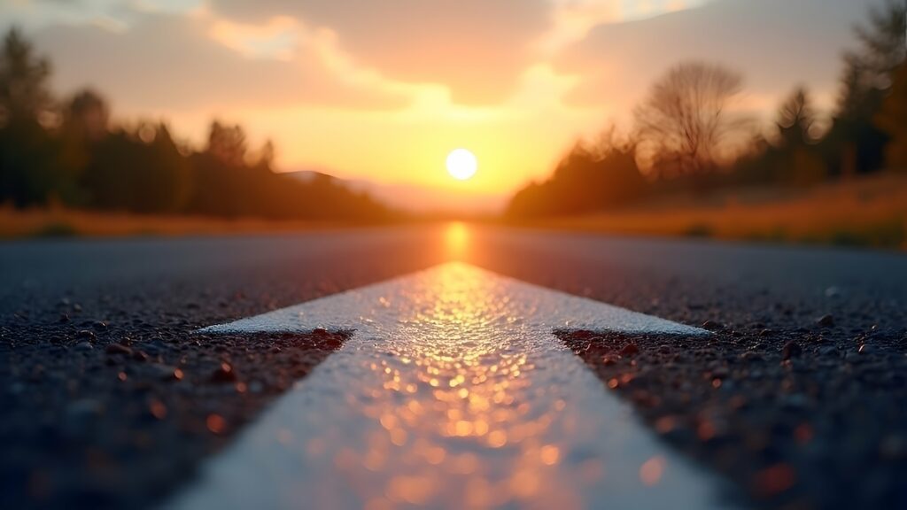 Offene Straße mit Pfeil in Richtung hellen Sonnenuntergang, der die Emotional Joruney symbolisiert