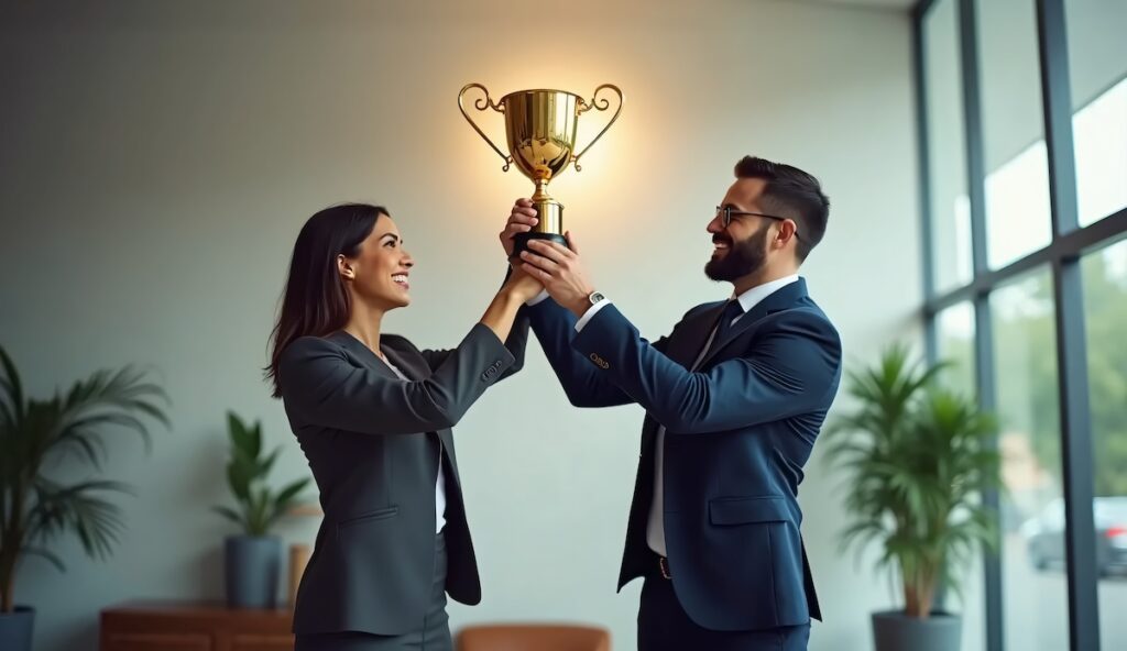 Das beste Team hat sich gegenseitig geholfen, seine Ziele zu erreichen und erfolgreich zu sein. Die Hand eines Geschäftsmannes und einer Geschäftsfrau nehmen die Trophäe in die Hand und feiern gemeinsam